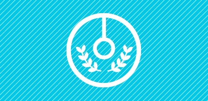 Circular white icon of an arrow on a computer screen with a cyan background. 
